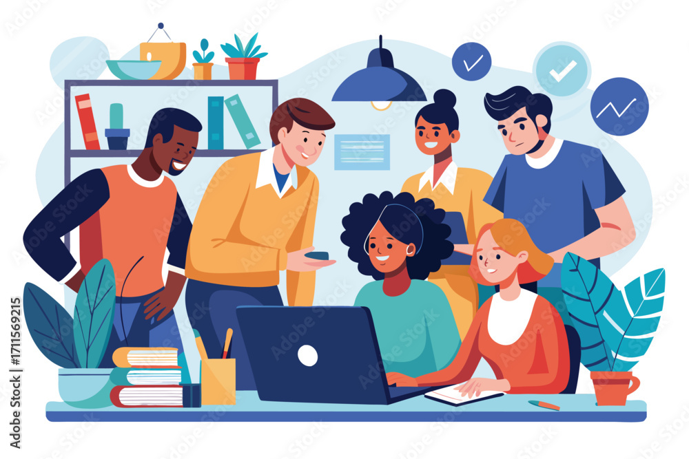 Poster team collaboration in a modern office setting with diverse individuals engaged in a project discussi