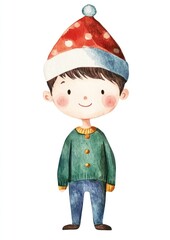Boy wearing christmas hat illustration watercolor whimsical.
