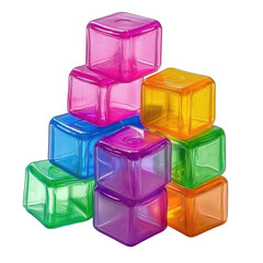 Stack of vibrant translucent plastic toy building blocks in various bright colors transparent background