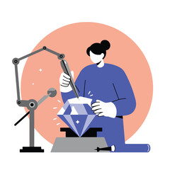 Illustrated woman cutting gem with robotic arm, against pastel background, modern flat design