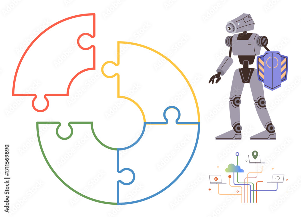Poster robot holding shield next to colorful interconnected puzzle pieces and data flow. ideal for innovati