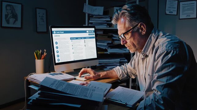 Elderly man with glasses under dim desk lamp, stressed and late night job searching on a glowing computer amid stacked paperwork, anxious about unemployment and finances - Powered by Adobe