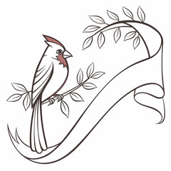 Elegant line art illustration of a cardinal perched on a branch with a decorative ribbon banner