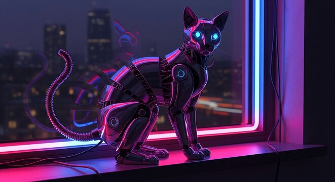 Futuristic cyberpunk style robot cat with glowing eyes standing on a window sill at night - Powered by Adobe
