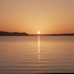 Naklejka premium Golden Hour over a Calm Lake – Warm-Toned High-Resolution Wallpaper of Tranquil Lake at Sunset with Soft Reflections