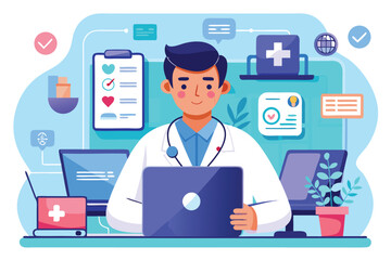 Doctor working on laptop in a modern clinic with digital health tools and documents around