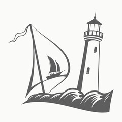 Stylized silhouette of a sailboat and lighthouse on choppy waves