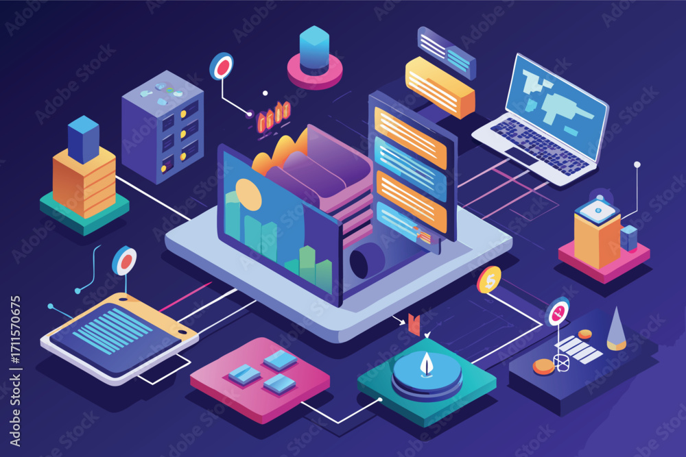 Poster colorful digital illustration of data visualization tools and technology in a modern workspace setti