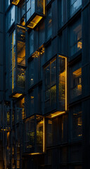 Modern building facade at night with warm interior lights illuminating windows