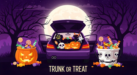 Spooky halloween trunk or treat scene with candy and pumpkins