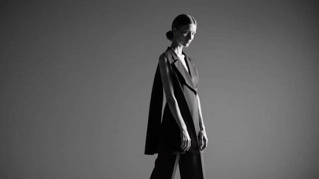 High fashion model elegantly strutting in a chic black ensemble, gracefully striking poses in a sleek studio environment with bold lighting, evoking a refined yet moody black and white ambiance