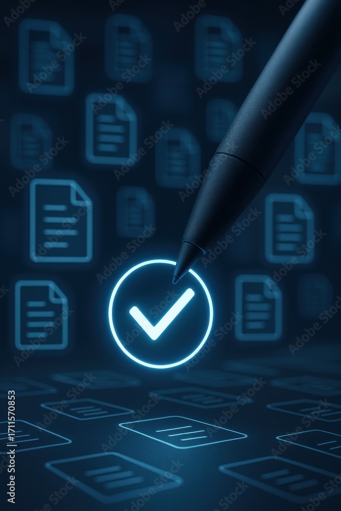 Aufkleber digital approval workflow concept with pen and checked document icons on abstract background