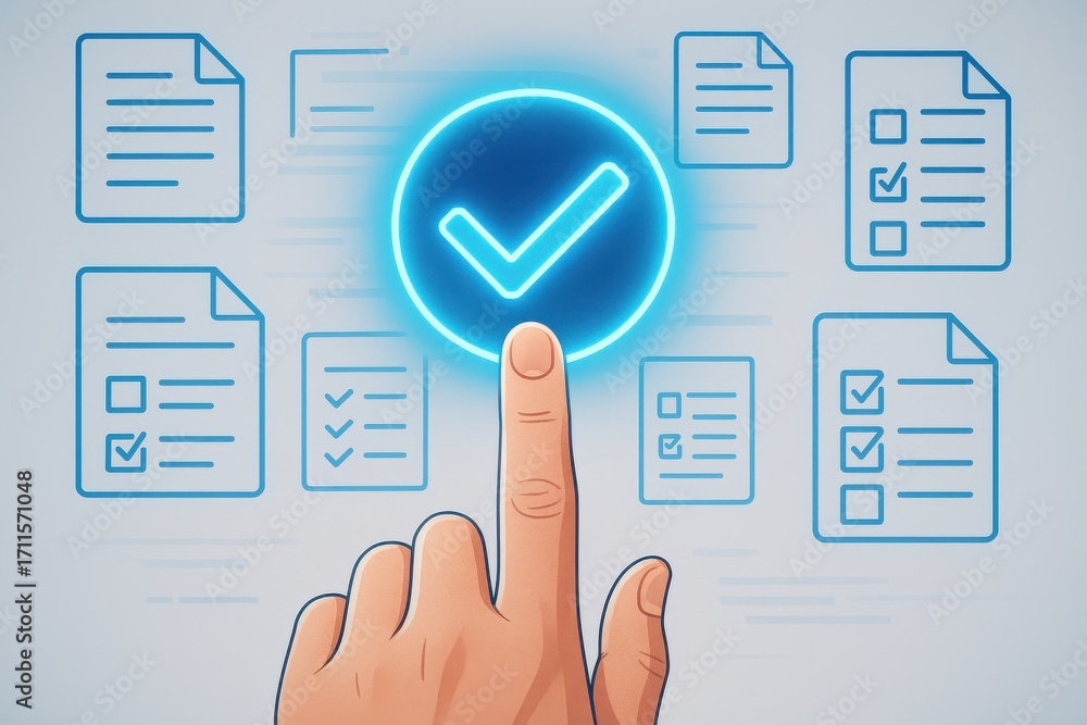 Aufkleber hand pressing digital checkmark on document background for approval concept in modern workspace
