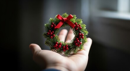 Small, decorative Christmas wreath with red berries and bow held carefully in a hand. Festive holiday decoration for home or greeting card.