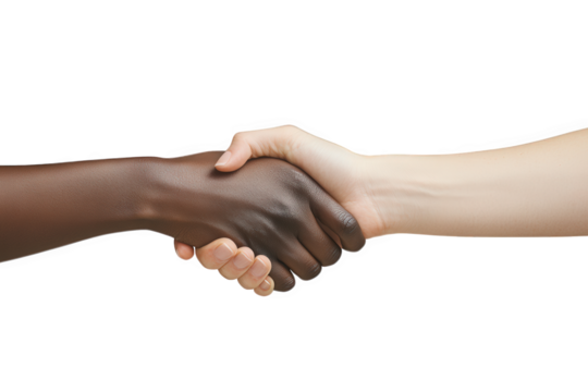 Closeup of a firm handshake between a person with dark skin and a person with light skin isolated on transparent background, representing partnership and collaboration