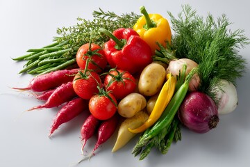 Colorful assortment of fresh vegetables with peppers, tomatoes, and herbs on white background
