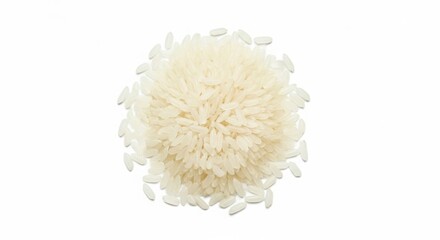 A pile of uncooked white rice grains on a white background