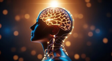 Glowing human head silhouette with illuminated brain and futuristic background