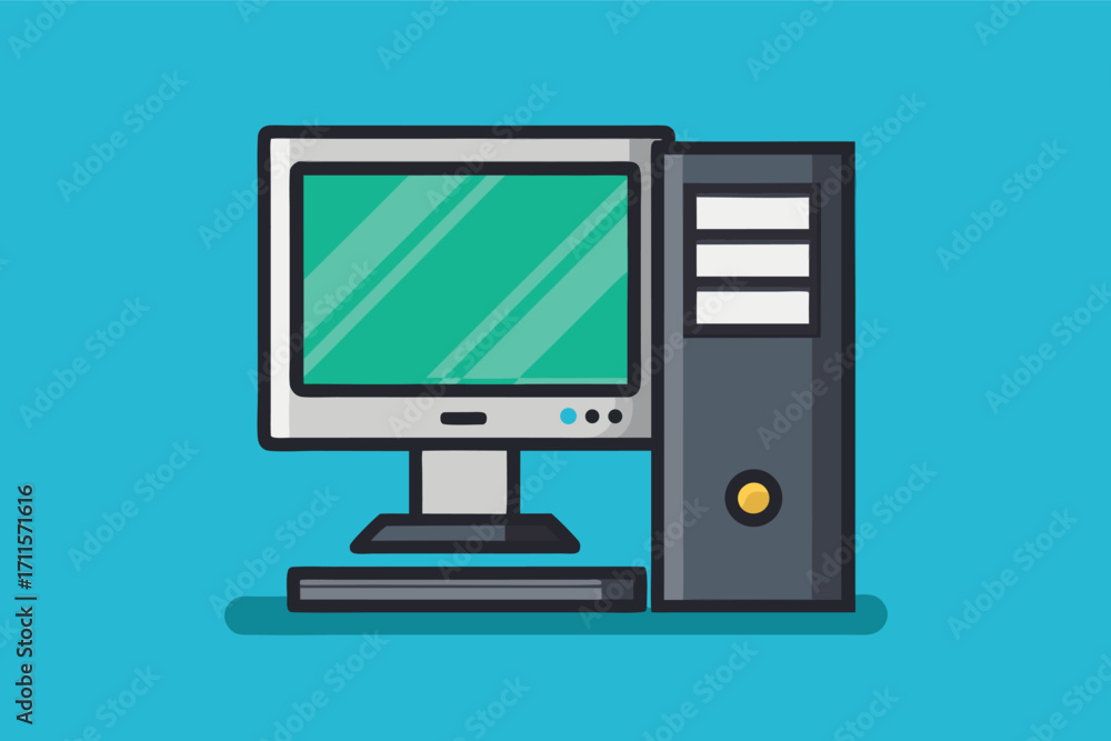 Poster modern desktop computer setup with monitor and tower on bright blue background