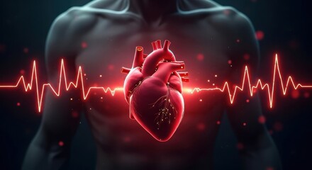 Anatomical heart pulsating with red light and heartbeat line