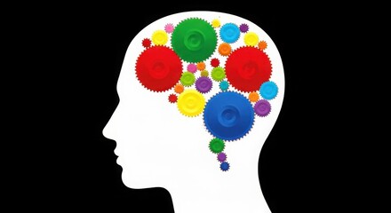 Colorful gears representing thought and ideas inside a human head silhouette