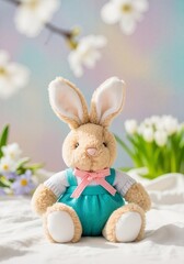 Obraz premium A bunny plush toy sits on soft white fabric. Adorable Easter decoration, pastel colors.