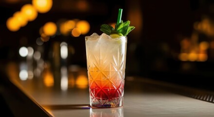 Refreshing layered cocktail with ice and garnish on a bar counter