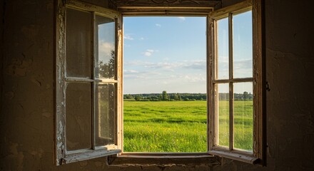 Weathered Window Frame Opens to a Bright, Vibrant Green Meadow Under a Clear Blue Sky