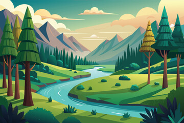 Scenic river flows through lush valley surrounded by mountains under a colorful sky