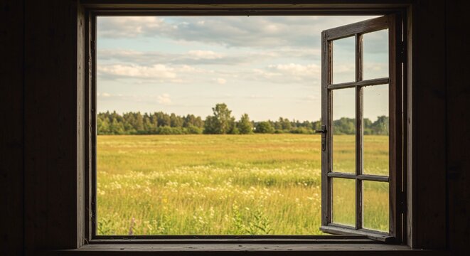 Sunlit summer meadow and distant forest viewed through an old, open wooden window frame.