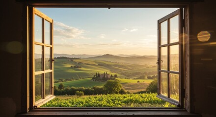 Tuscan landscape at golden hour: rolling hills and vineyards through a rustic open window frame.