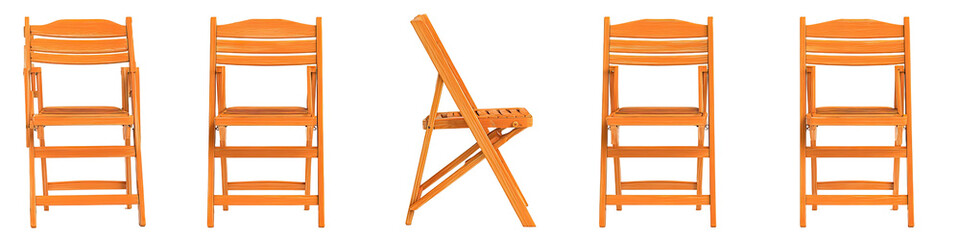 Four folding wooden chairs arranged horizontally