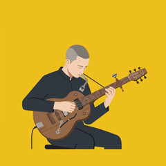 Obraz premium Minimalistic illustration of a man playing a guitar on a plain yellow backdrop