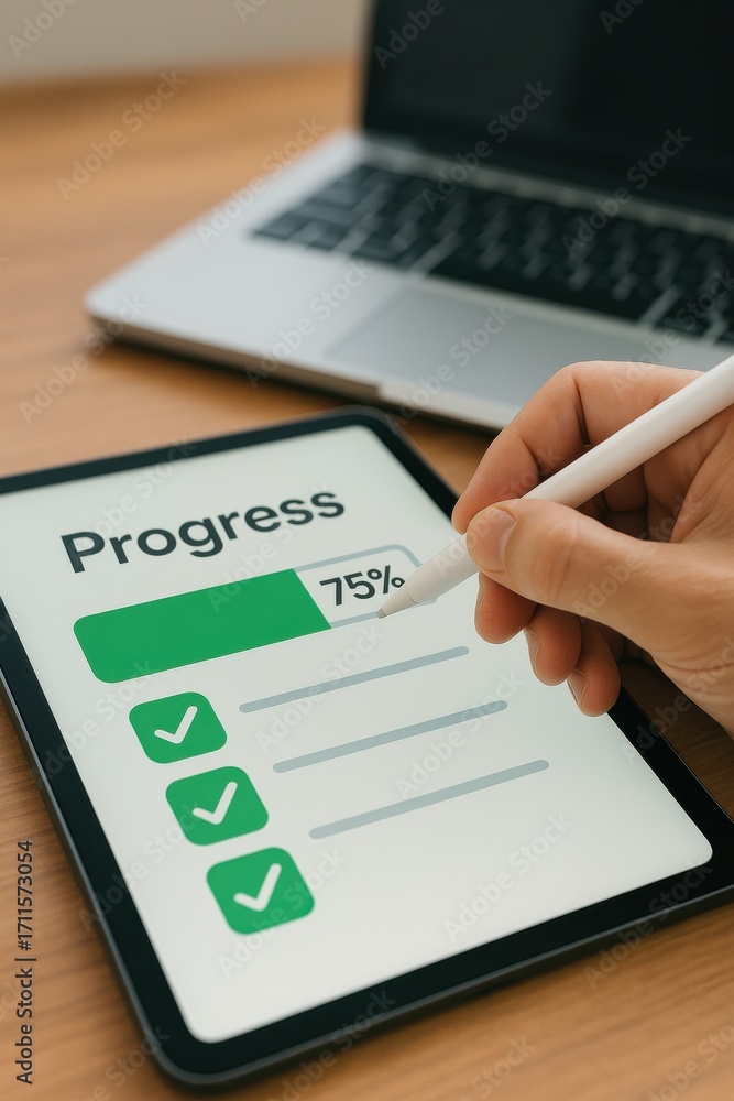 Aufkleber hand holding stylus on tablet showing progress bar and checkmarks for task completion