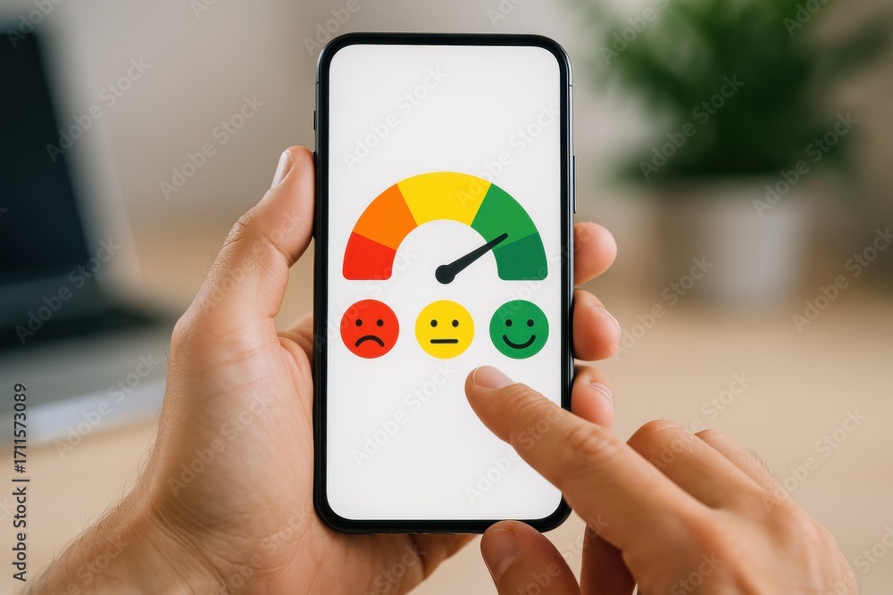Poster user interaction with feedback meter on smartphone displaying emotions and satisfaction levels