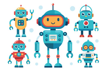 Colorful and friendly cartoon robots gathered together in a playful scene