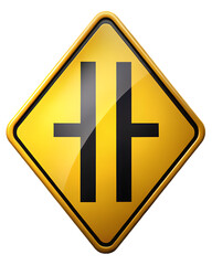 Fototapeta premium A yellow diamond road sign with a black crossroad symbol indicating an upcoming intersection ahead