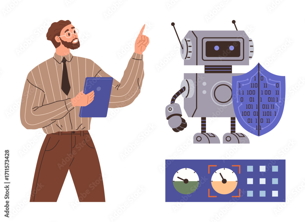 Poster man holding tablet gestures toward robot with shield, data metrics, and dials. ideal for ai, cyberse
