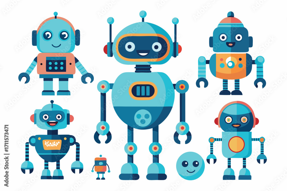 Poster colorful robot characters in a playful setting showcasing creativity and fun for children