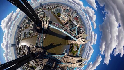 Distinctive little planet 360 aerial view of tower bridge and the river thames, london skyline and traffic wrapping into a sunny, picturesque urban panorama