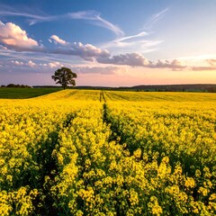 Obraz premium A vast field of yellow flowers under a beautiful sunset sky