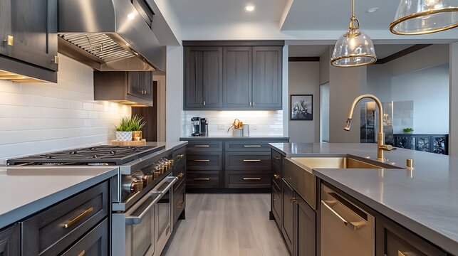 Modern kitchen interior with cabinets sink oven and contemporary home design