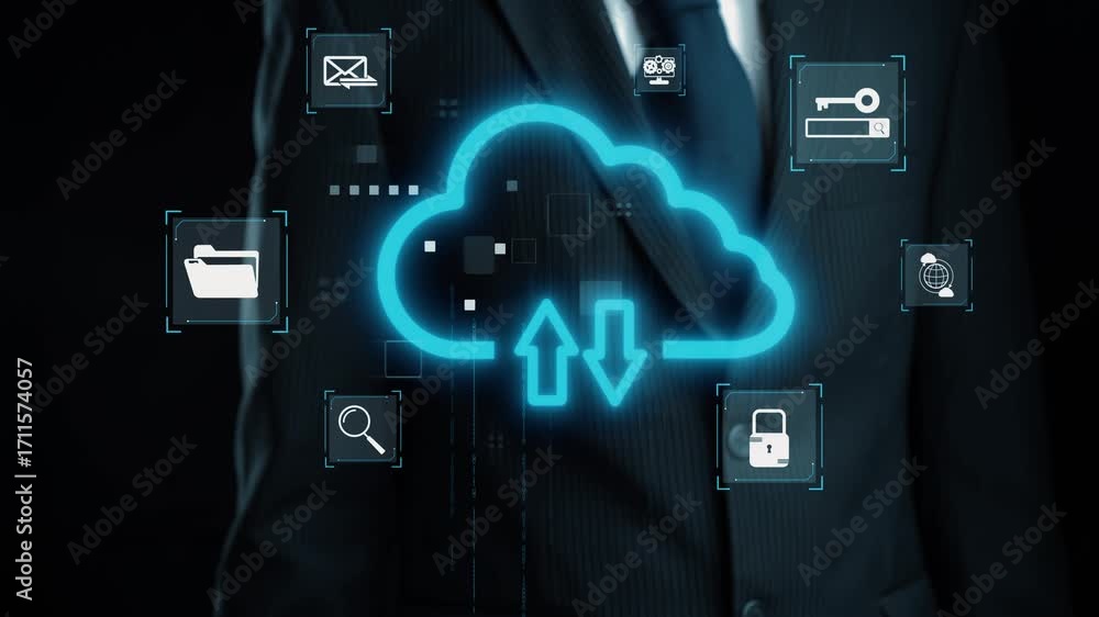 Poster A businessman in a suit stands with a digital cloud computing concept illuminated in blue, showcasing various icons representing data storage, technology, and security features. Qubit