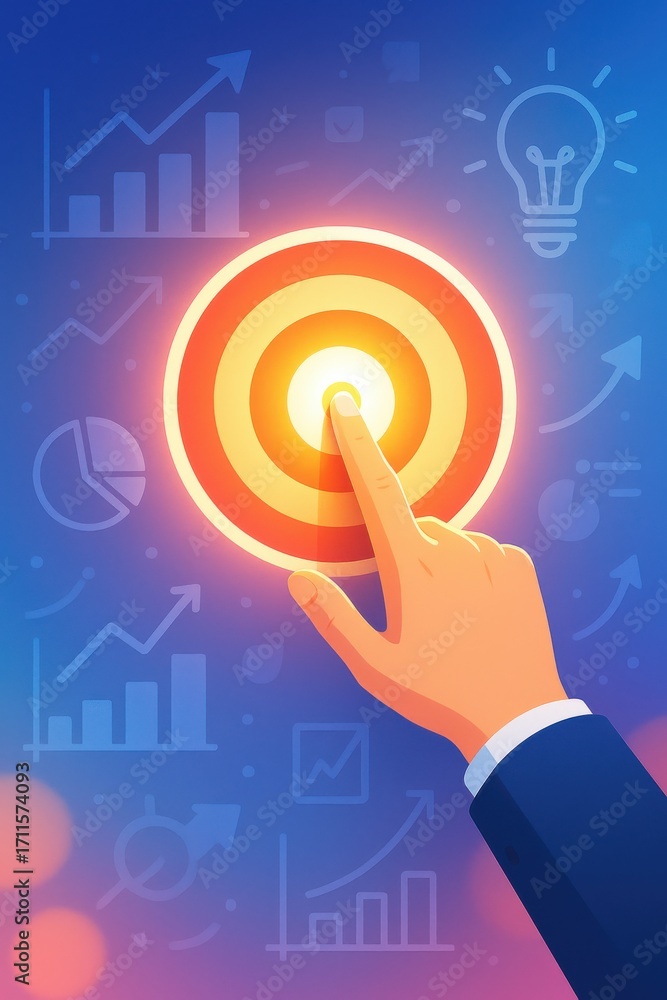 Poster hand reaching for target symbol with business graphs and ideas in background