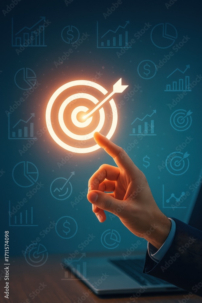 Poster business success target concept with graphs and statistics in background