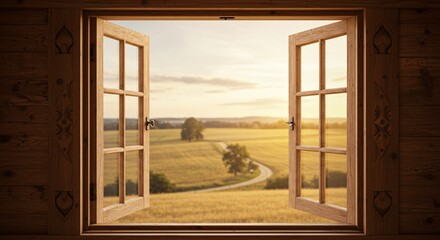 Inviting Open Wooden Window Reveals a Serene Countryside with Winding Path and Warm Sunlight