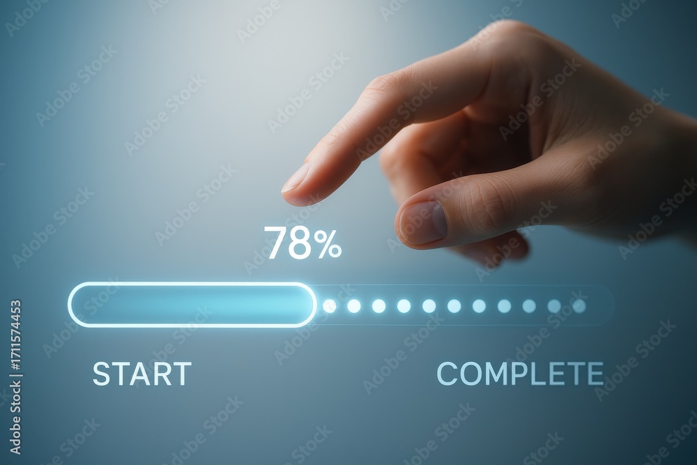 Aufkleber hand approaching progress bar with percentage indicating completion in modern digital interface