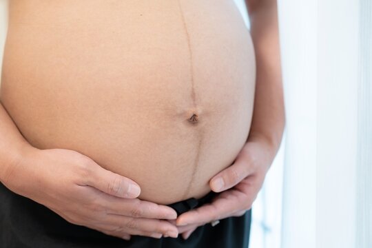 pregnant woman touches belly, Concepts of pregnancy and family. Place for text. Place for your advertisement