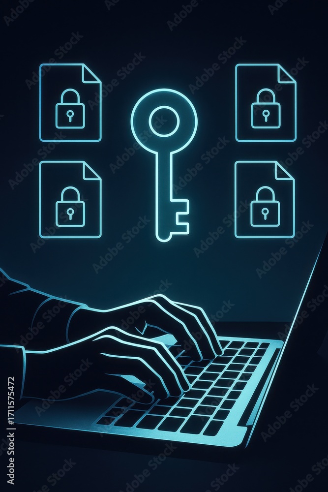 Poster hands typing on laptop with digital key and locked files in dark background