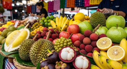 Close-up of an abundant assortment of fresh tropical fruits including durian, mangosteen, lychee, bananas, and guavas at a vibrant market.